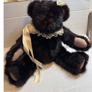 Collectible‎ Plush Teddy Bear Dark Brown Fur Lace Collar Ribbon Bow